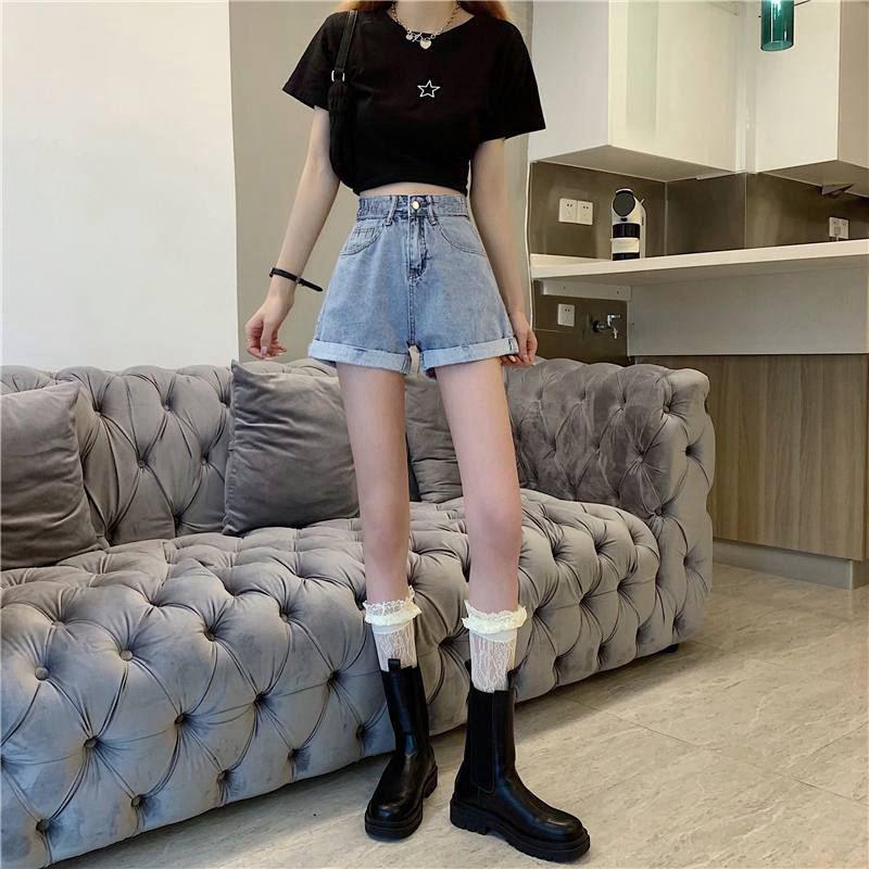 2025 Spring/Summer Women s High-Waisted A-Line Black Denim Shorts: Loose, Slimming, Wide-Leg, Rolled Hem Style Extra Small