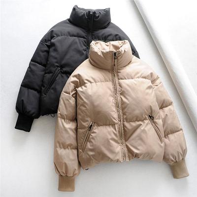 Fall Winter Women Cotton Liner Short Parka Jacket Coat with Stand Collar Solid Color Preppy Style Thick Zipper Pockets Oversize XS-L