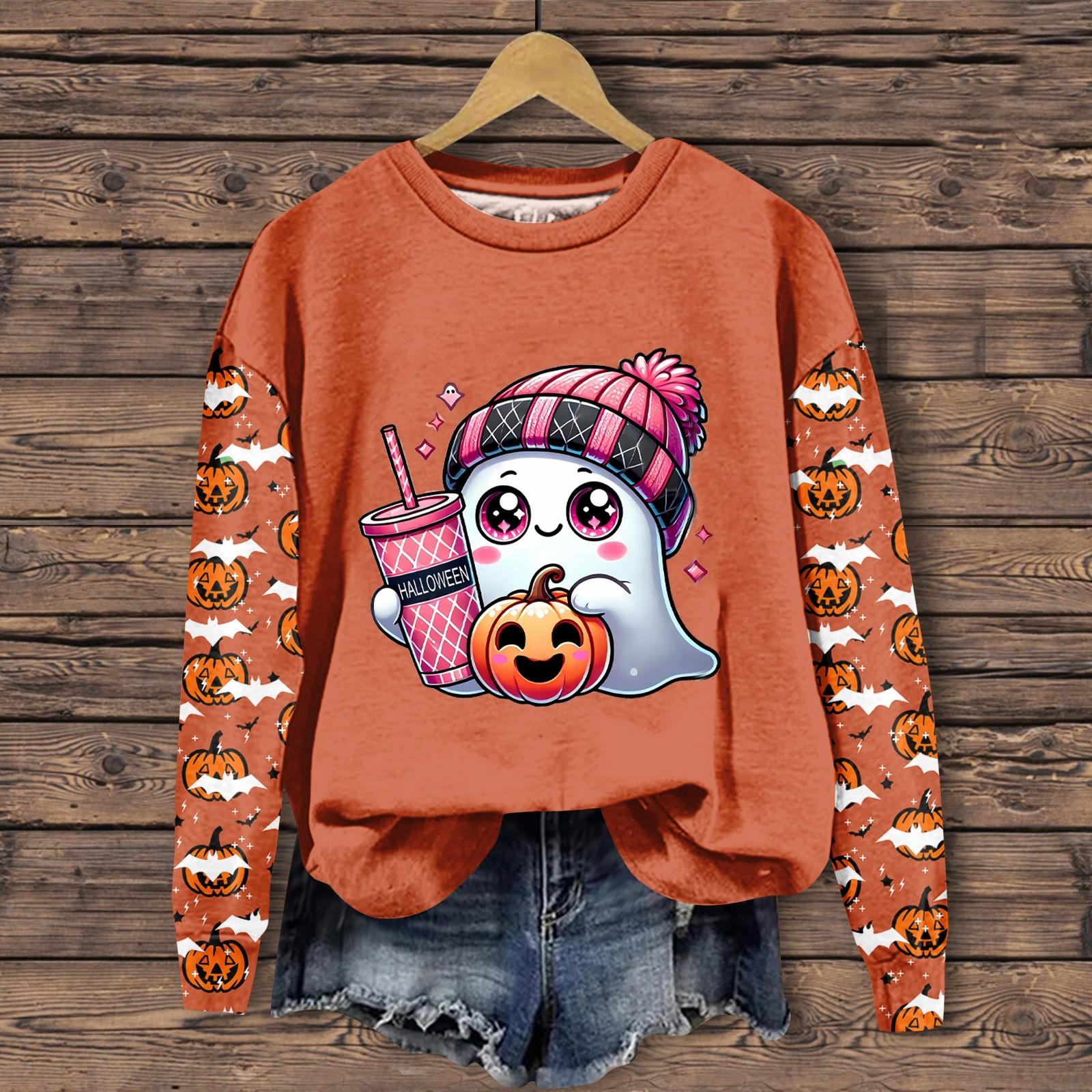 

Женская мода повседневная толстовка с длинным рукавом и круглым вырезом с принтом на Хэллоуин XXL оранжевый