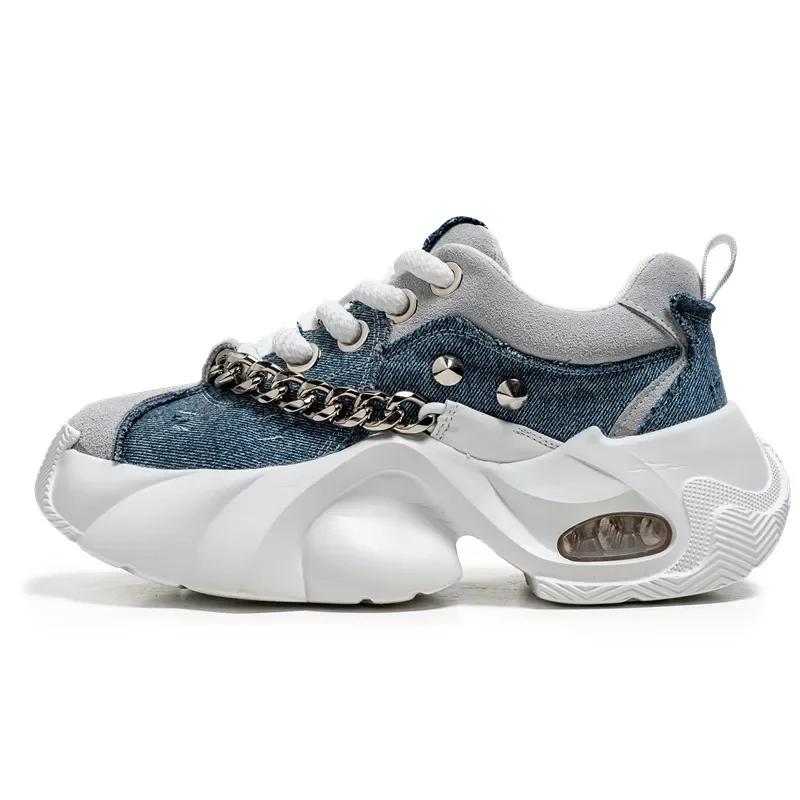 Fashion Blue Denim Casual Sneakers Men Original Designer Platform Shoes Men Increase Heel Hip Hop Chunky Sneakers Mens Trainers