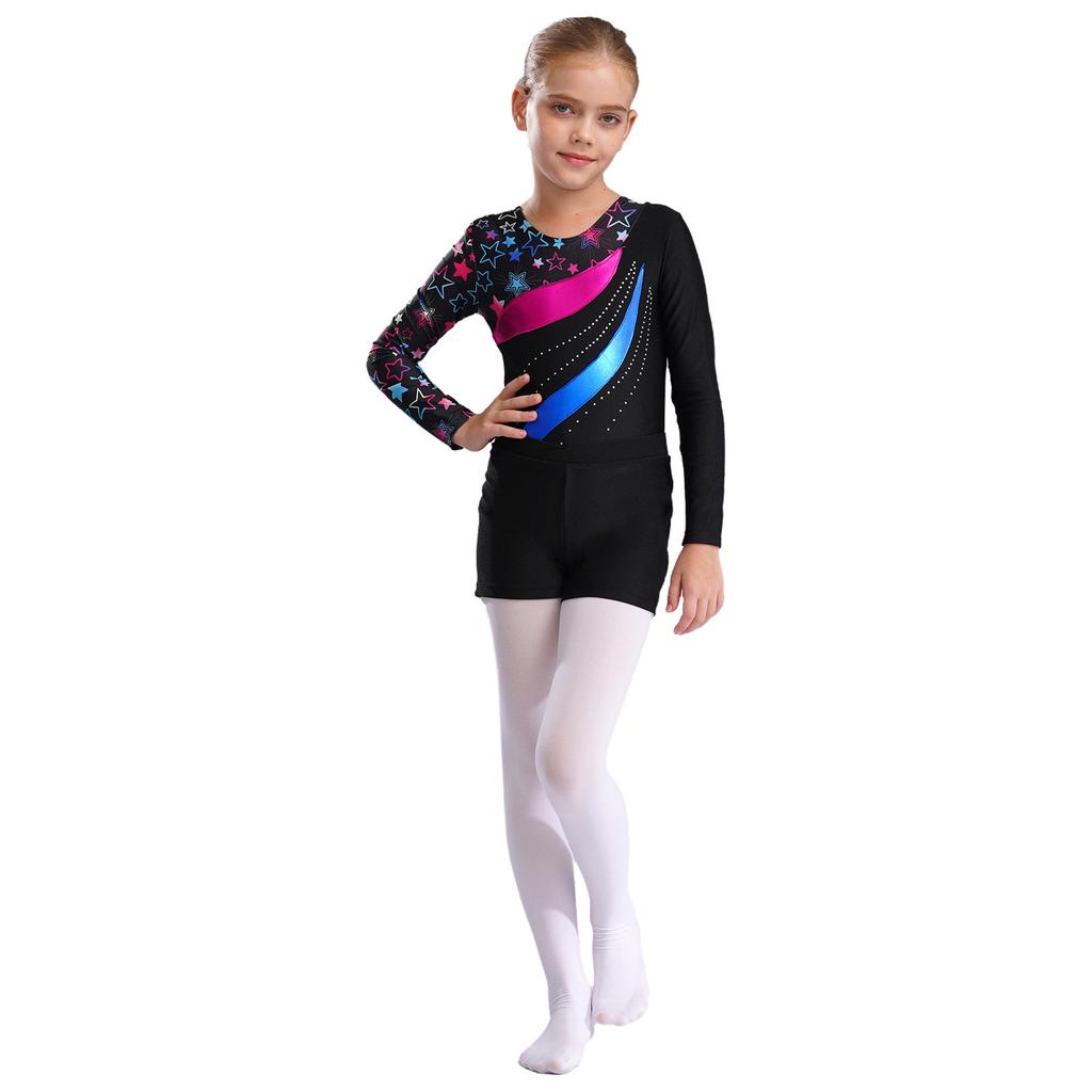 Girls Long Sleeve Round Neck Rhinestones Printed Patchwork Leotard V Front Waistband Shorts Dance Set