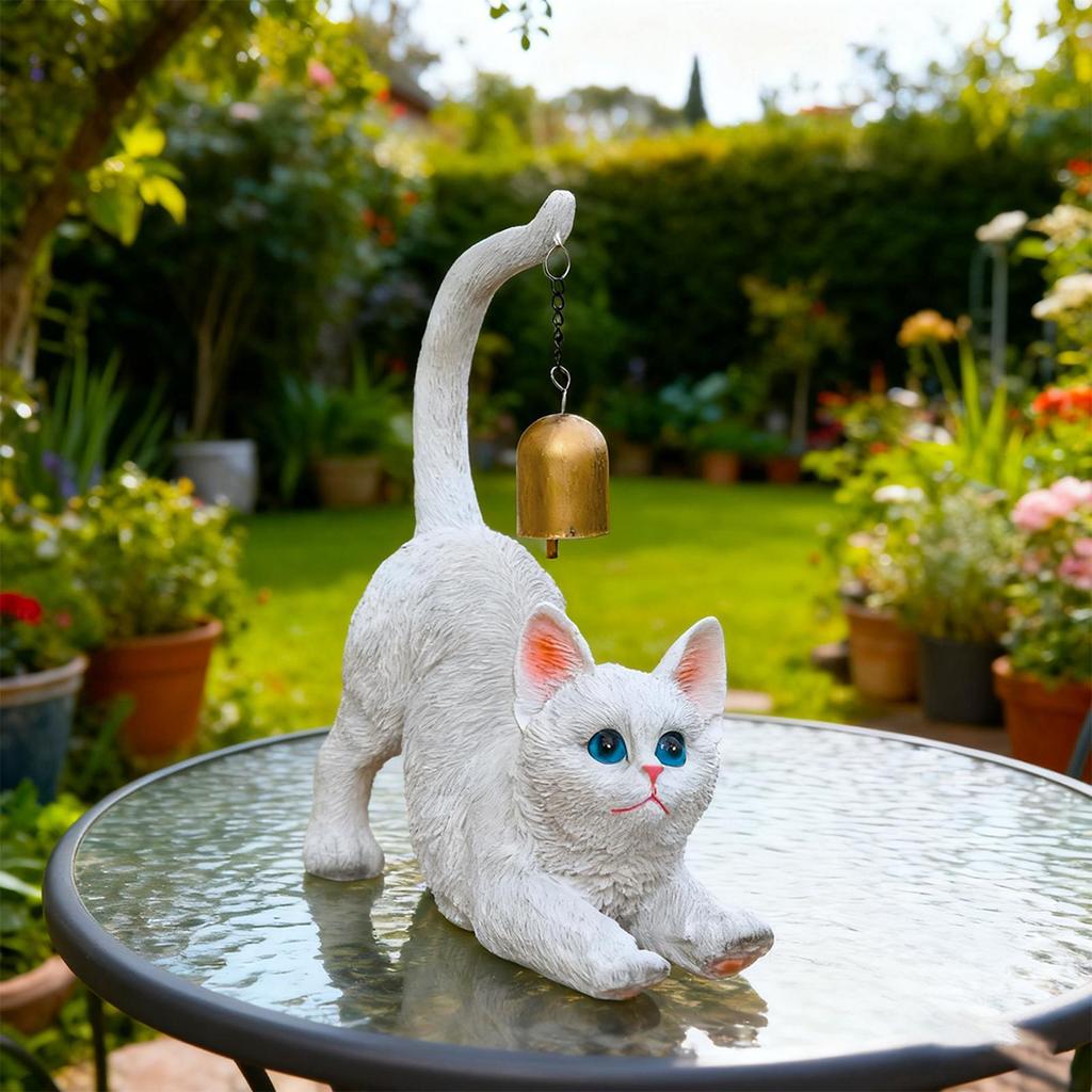 Cat Stretching Statue Resin Cat Figurine With Bell On Tail Animal Garden Sculpture For Yard Entryway Desk Living Room Balcony