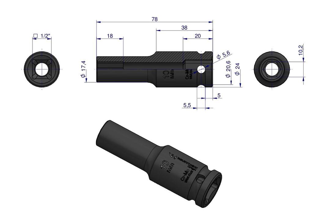 Long hexagonal impact socket 1/2". 10 . CrMo. DIN 3129. Waryński