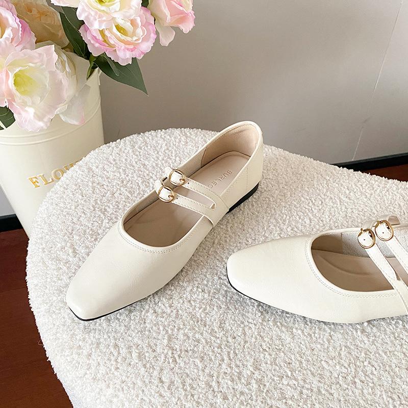 Spring and summer new high-end retro square head shallow mouth single shoes women's soft leather thick heel Mary Jane shoes
