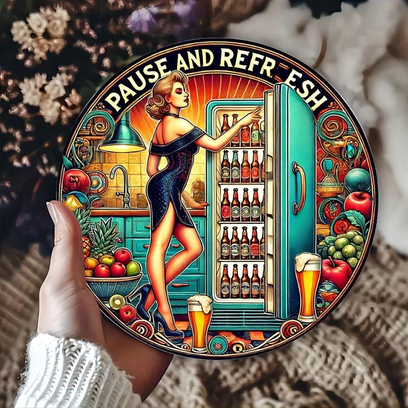 Retro Girl Tin Metal Logo Round Painting for Bar Restaurant