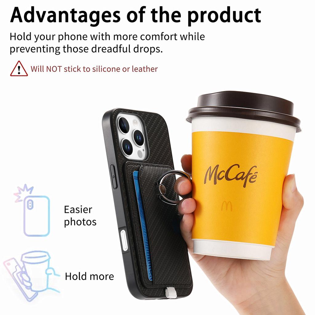 For iPhone 16 Pro Case Ring Kickstand Leather Back Cover with Magnetic Detachable Card Holder