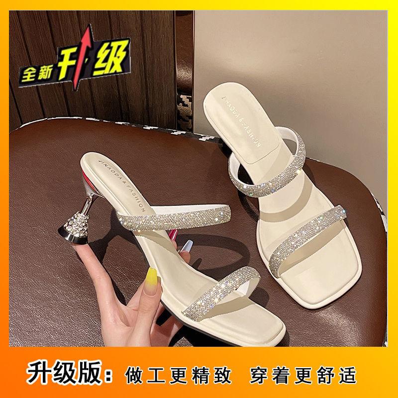 European Station High-heeled One-word Slippers 2025 New Summer Beauty Fairy Rhinestone Square Head Metal Thin-heeled Cool Slippers