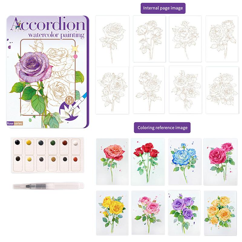 

Foldable Watercolor Coloring Book Set Portable Graffiti Drawing Book with Built-in Pigment, Ideal Gift for Kids & Adults