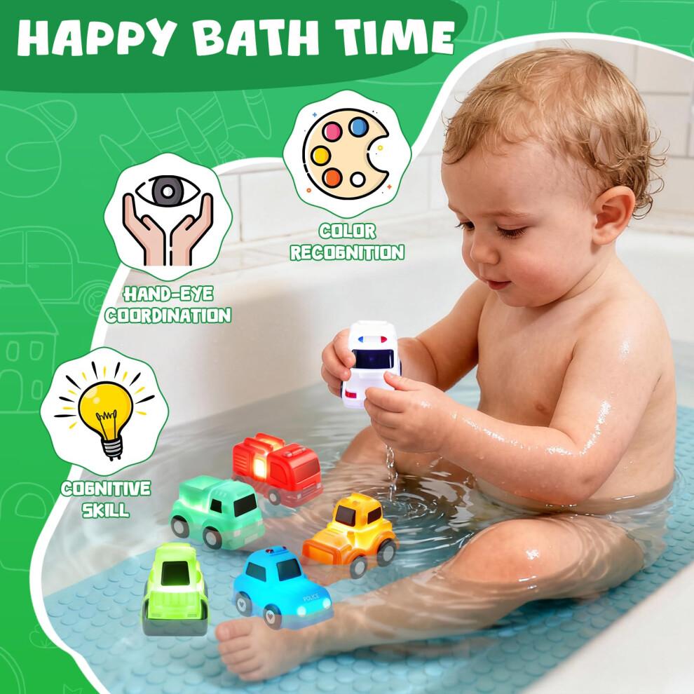 JoiTale Baby Bath Toys, 6 Pack Cars Light Up Bath Toys, No Hole No Mould Bathtub Toy for 1 2 3 Year Olds, Flashing LED Sensory Toy for Toddlers, Bath