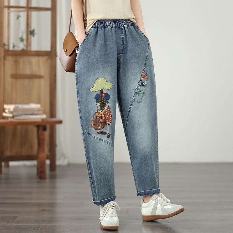 Taglie forti Vintage ricamo vita alta casual larghi Donna Primavera estate autunno jeans denim Pantaloni Harem