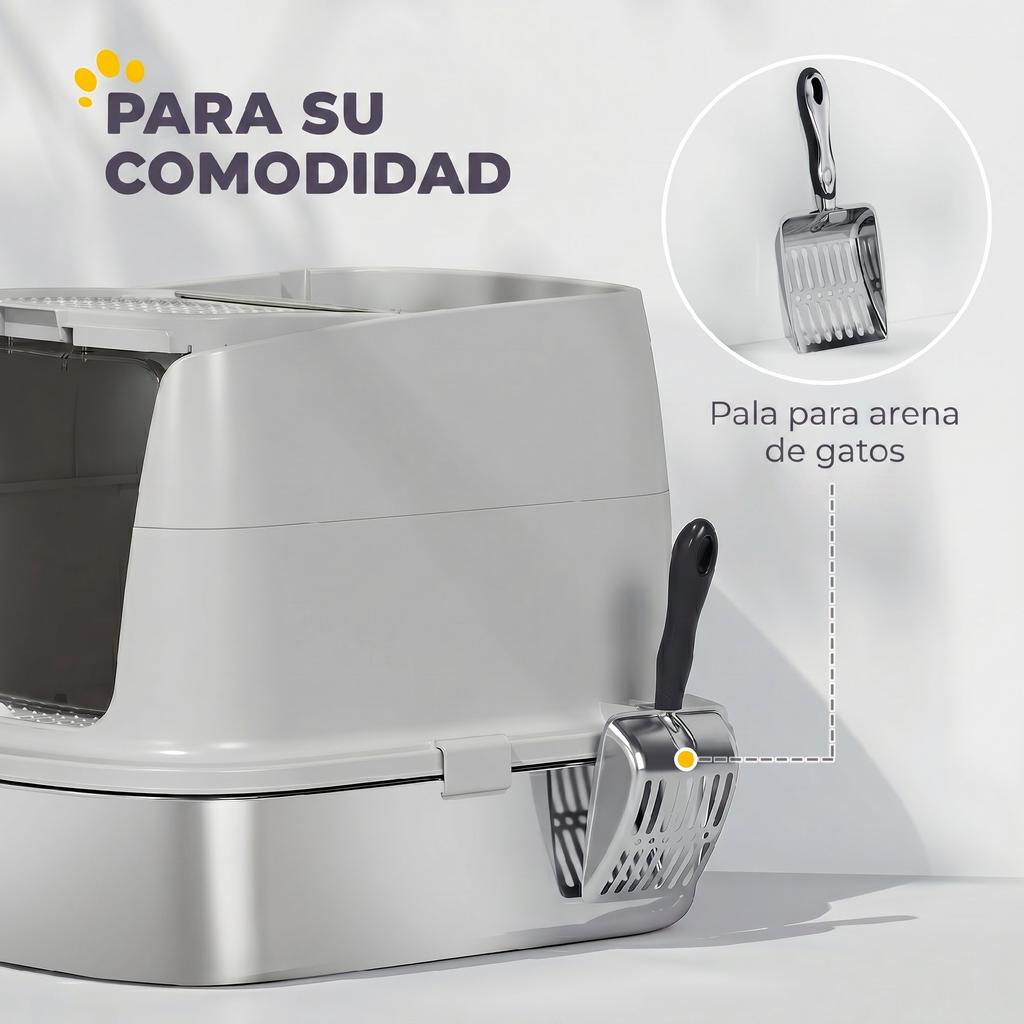 Large Stainless Steel Cat Litter Box, Hinged Lid, Metal Scoop, Deodorizing Bag, Light Gray