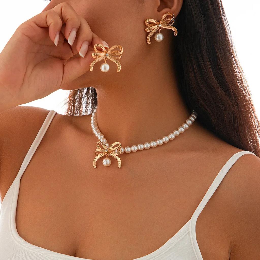 Simulation Pearl Bow Choker for Women Bowknot Necklace Earrings Wedding Jewelry Accessories