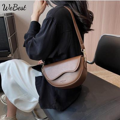 Women Vintage Solid Color Flap Small Saddle Shoulder Underarm Bag Fashion PU Leather Wide Strap Crossbody Bag