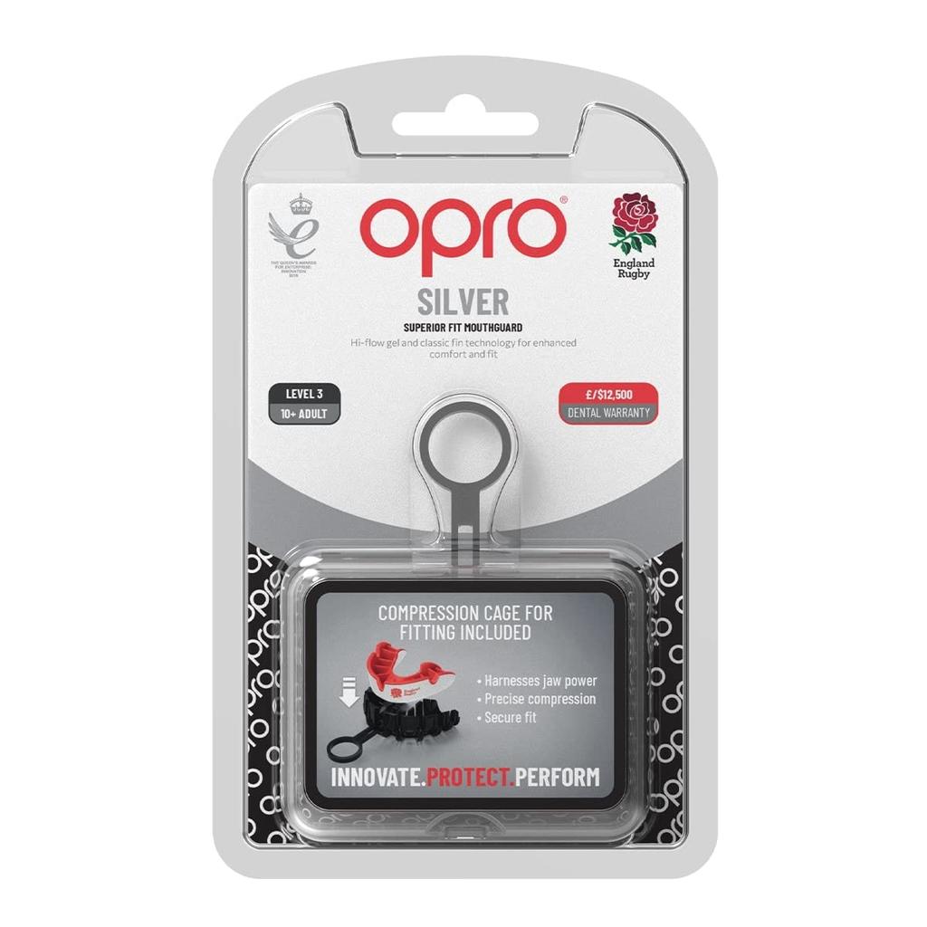 OPRO Mouthguard Sports Mouthpiece Made in England [Self-Fit/Silver Level/Licensed] [Official Store] (For Adults, England/White & Red)