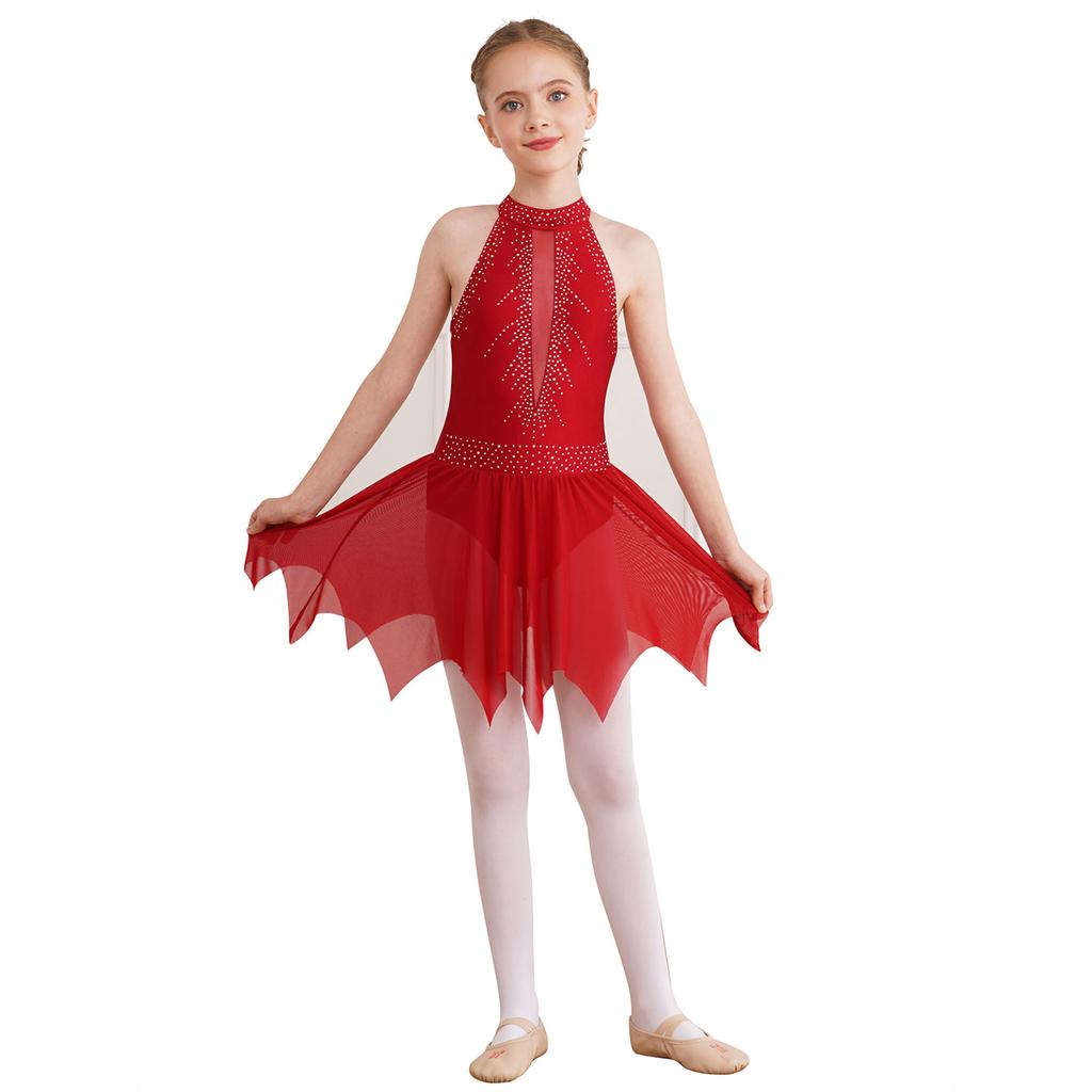 Figure Skating Dress for Girls Shiny Rhinestone Ice Skating Dress Ballet Dance Leotard Dress for Competition Costume