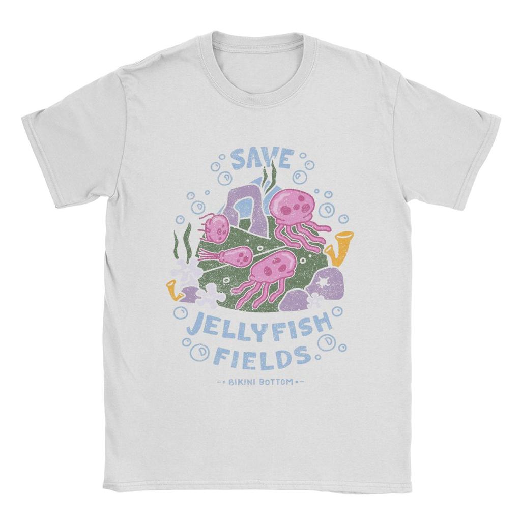 SpongeBobed Save Jellyfish Fields Bikini Bottom T-Shirts for Men Pure Cotton Tee Shirt Short Sleeve T Shirts Summer Clothes