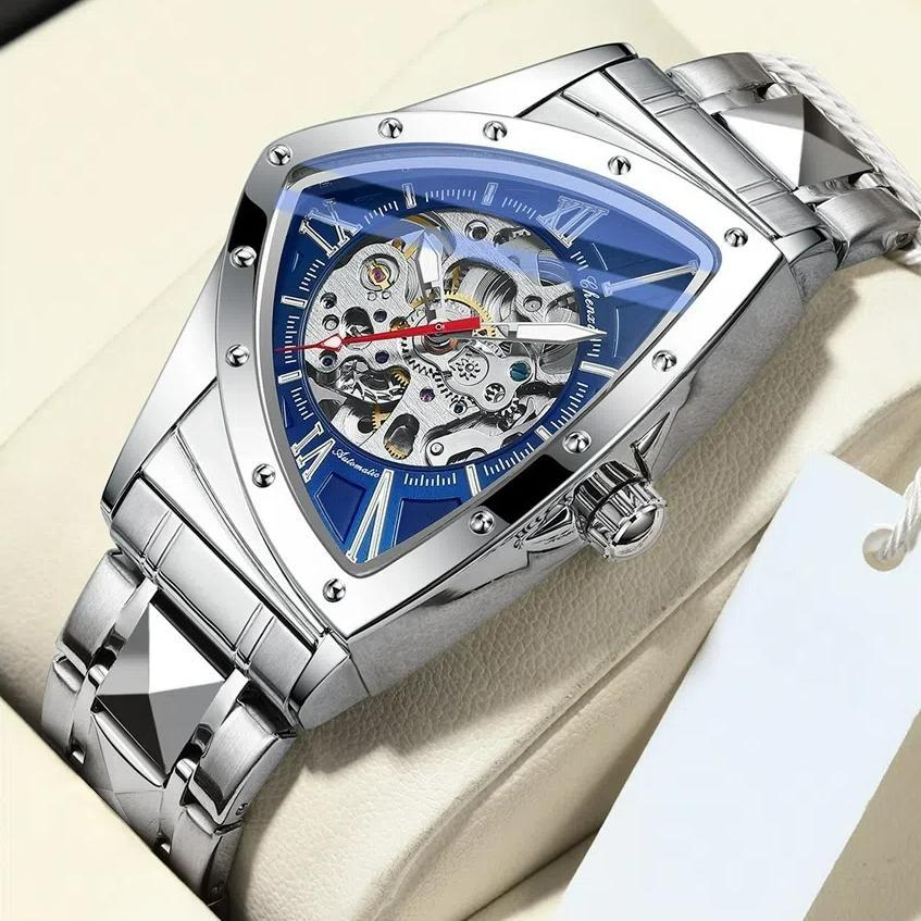 CHENXI Men's Triangle Skeleton Mechanical Watch Unique Design Water Resistant Luminous Stainless Steel/Black Leather Strap Business Watches