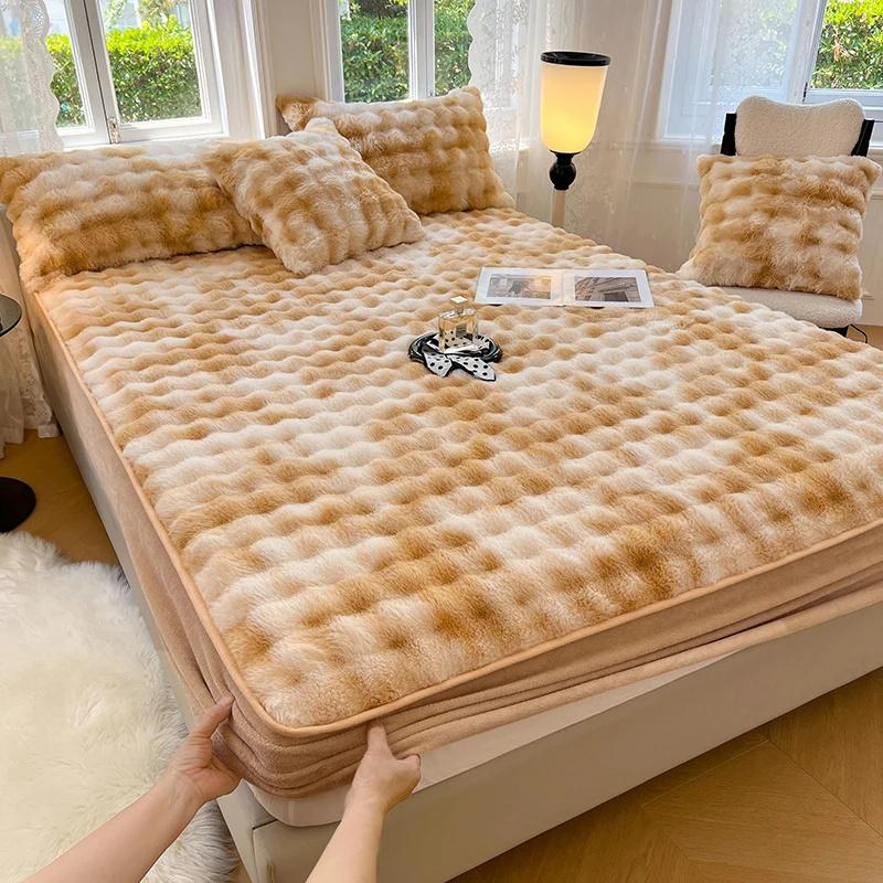Warm Rabbit Plush Bedsheet Winter Thick Mattress Cover Milk Velvet Mattress Protective Cover Quality Velvet Bed Sheets For Home
