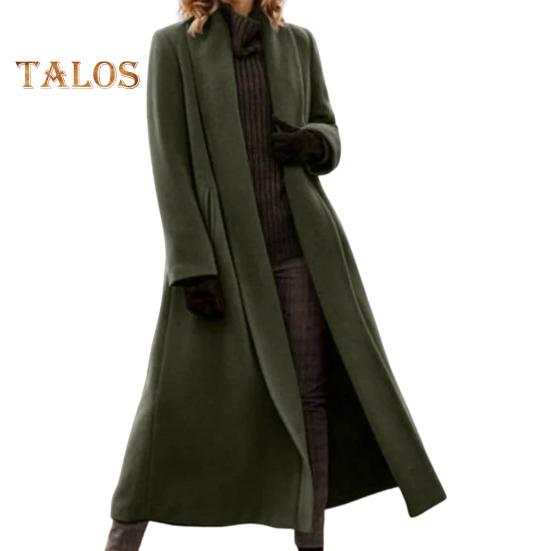 Women Winter Overcoat Open Stitch Turn-down Collar Long Sleeves Windbreaker Loose Cardigan Calf Length Outdoor Woolen Coat