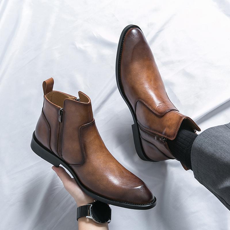 Chelsea Boots Spitz Hoher Schaft Leder Schuhe Friseur Martin Stiefel Reißverschluss Innen Erhöhend Freizeitstiefel