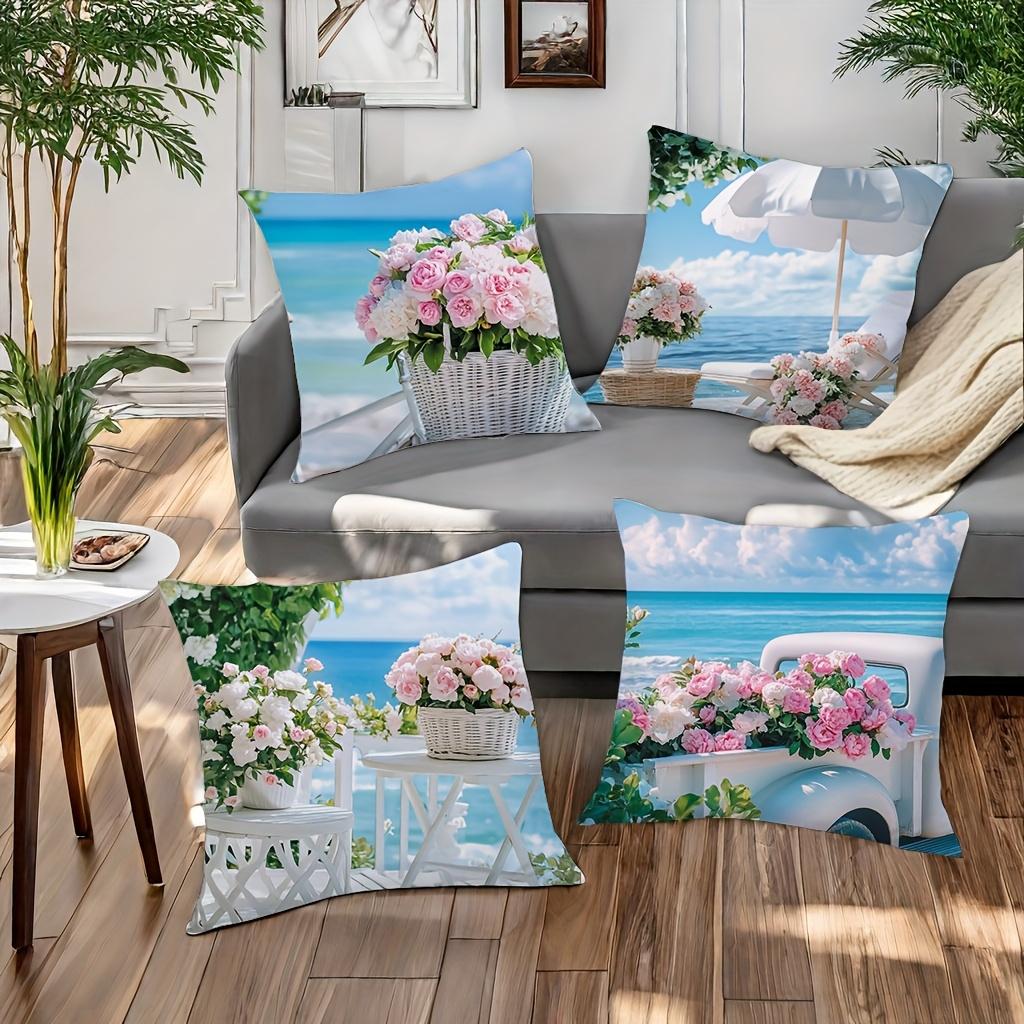 Beach Scenes With Flowers Printed Decorative Cushions Polyester pillowcase, sofa decorative cushion cov Headboard Pillow