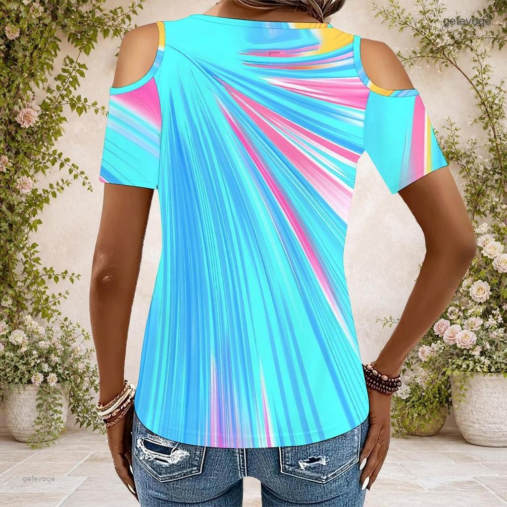 Women Plus Size Keyhole Ring Neck Cold Shoulder Short Sleeve T Shirt Skull Rose Printed Cyan Black
