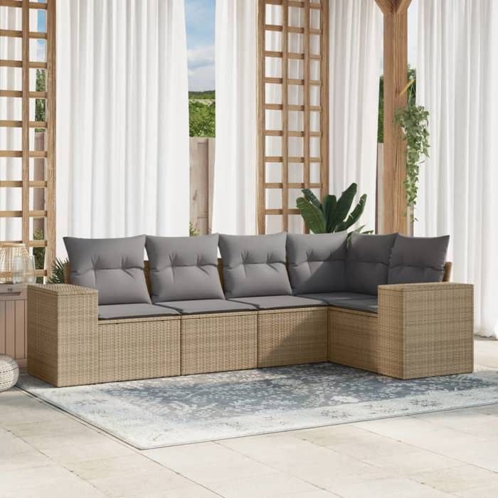 VidaXL Salon de Jardin avec Coussins 5 pcs, Canapés de Terrasse, Ensemble de Meubles de Patio, Mobilier d'Extérieur, Beige 3222528