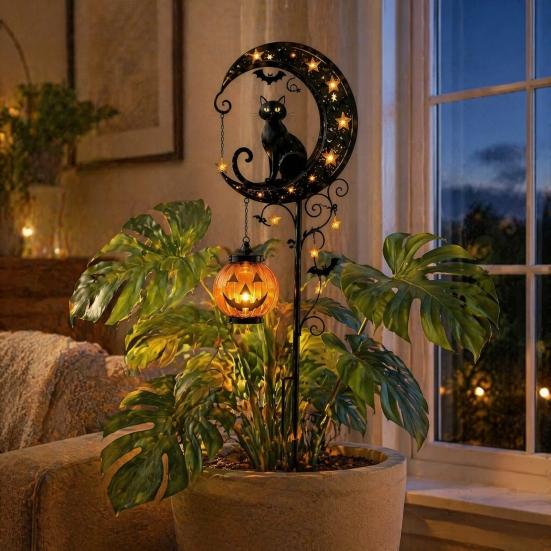 Spooky Bat Garden Decorations Halloween Solar Stake Light, Metal Black Cat & Pumpkin Moon Waterproof Illuminated Outdoor Decor for Lawn Patio