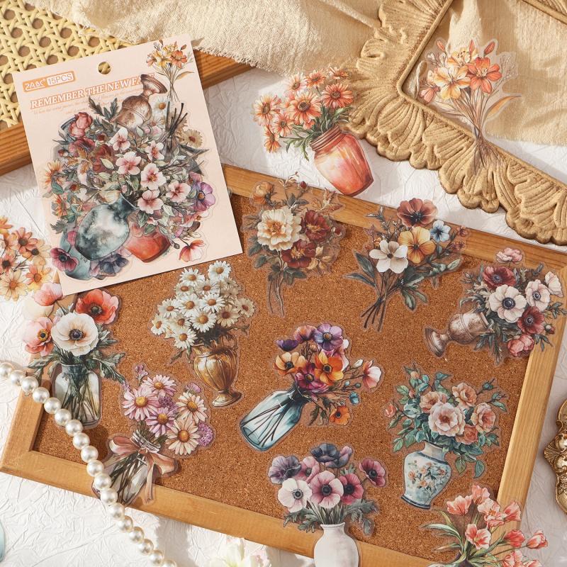 15-Sheet Retro Floral Bouquet & Vase Sticker Pack, Delicate Line Art & Soft Tones, Easy to Peel for Diary Accent & Creative