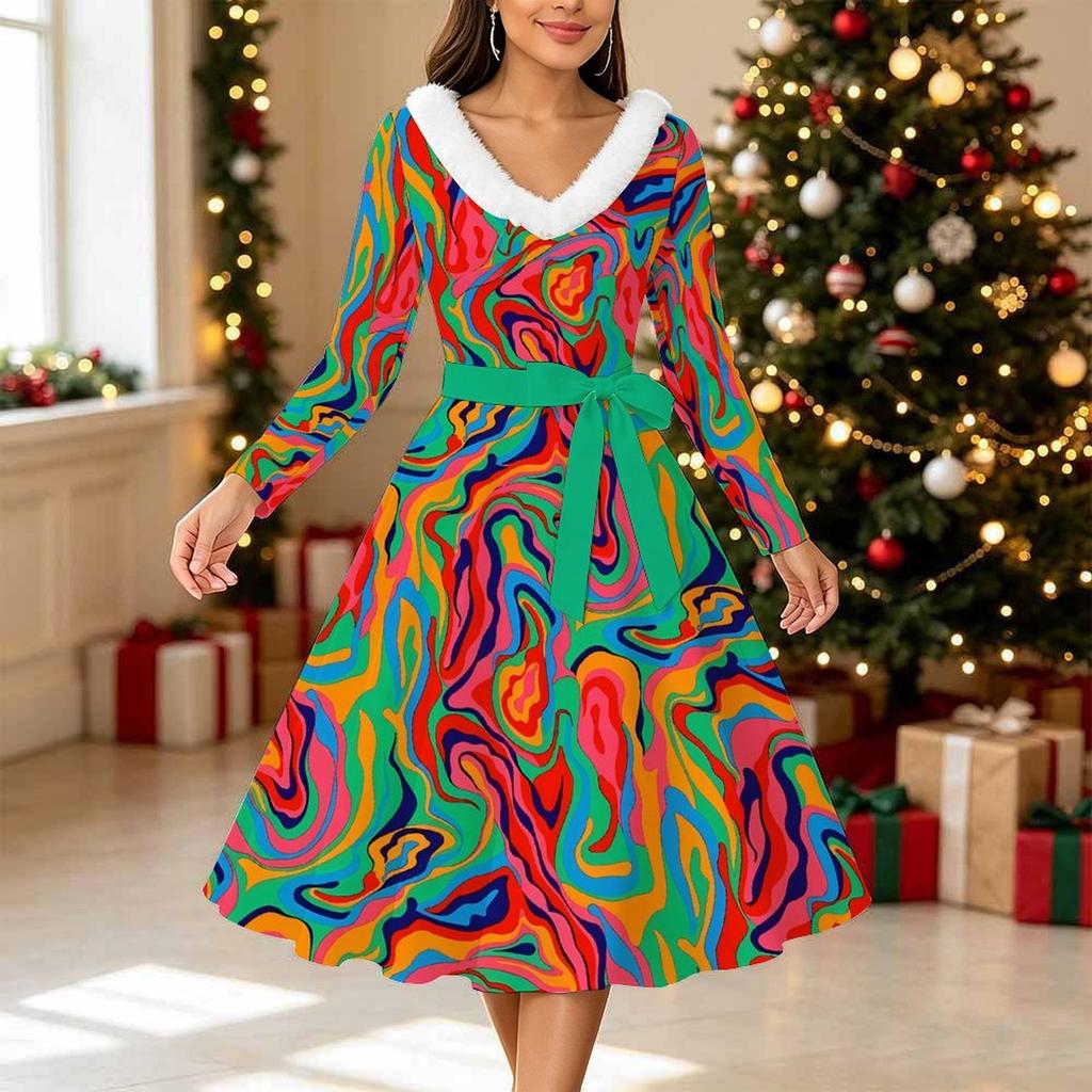 Women Floral Print Midi Dress, Long Sleeve V‑Neck Furry Trim A‑Line Party Dress, Christmas Limited Edition