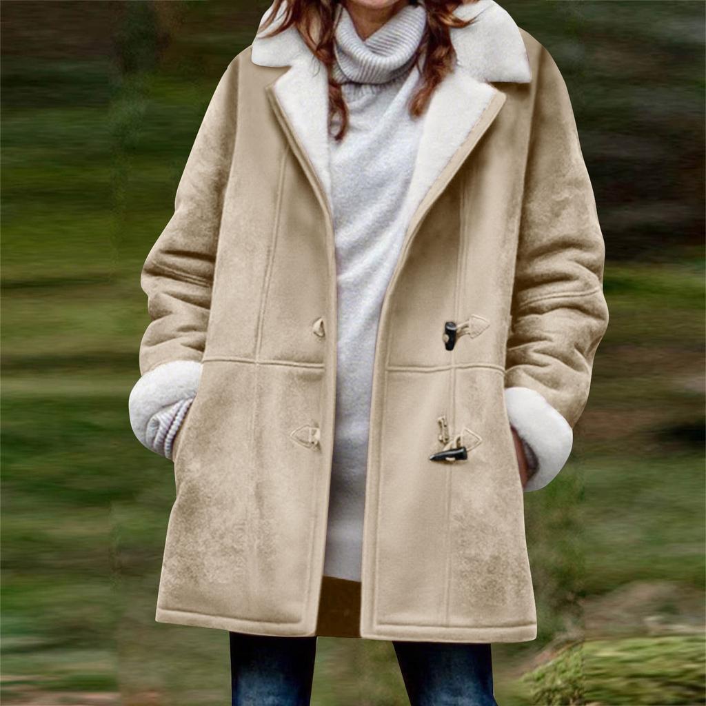 Women's Fashionable Coat Solid Color Long Sleeved Pocket Loose Button Plush Jacket