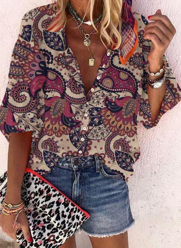 #Fashion Summer Women's Stand-Up Collar Loose Button Retro Printed Casual Shirt