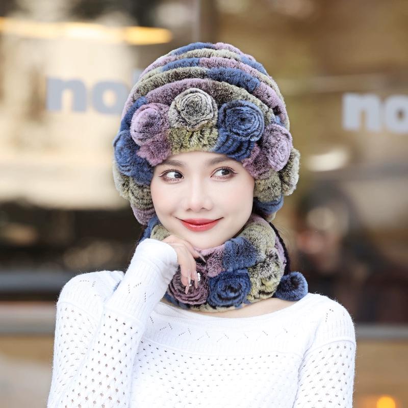 Rex Rabbit Hair Hat Scarf Two-piece Set Women's Winter In The Elderly Mother Grandma Winter Fur Scarf Cover