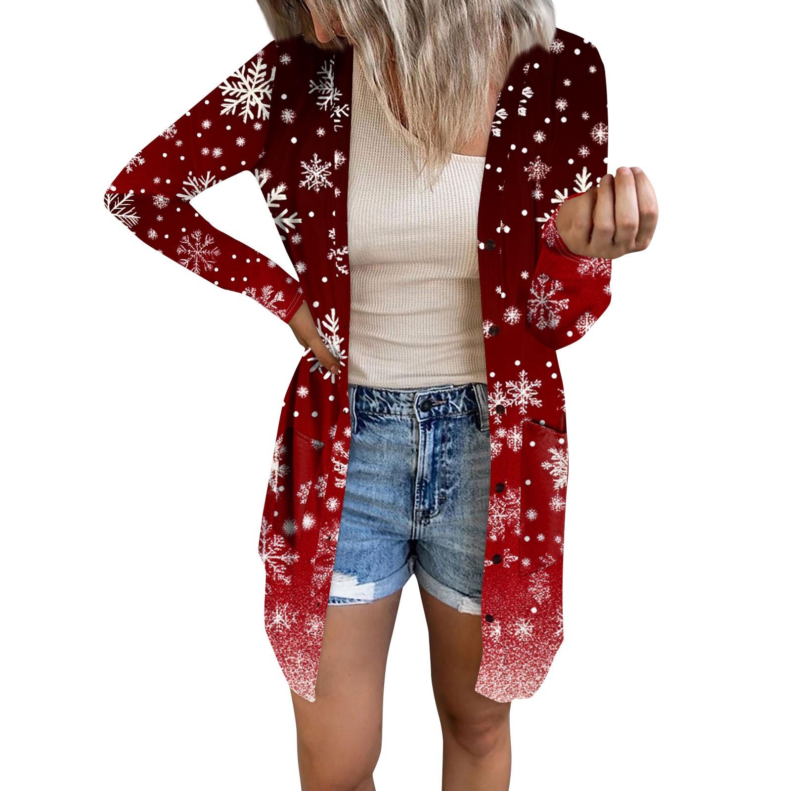 

Женский повседневный кардиган с длинным рукавом и рождественским принтом с карманами S красный