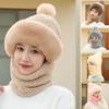 Women Winter Hat with Integrated Scarf Cold-proof Front Cover Thick Plush Warm Full Protection Outdoor Cycling Travel Cold Weather Cap