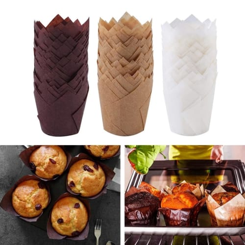 KUCOCOSNEH Paper Baking Cups, Waterproof and Oil-Proof Muffin Baking Cups, Tulip Paper Cups, High-Temperature Resistant Muffin Molds, Heat-Resistant C
