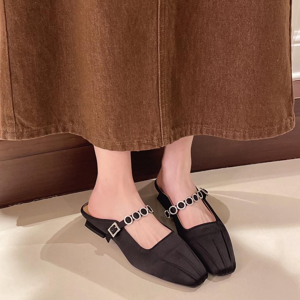 Mary Jane Half-Word Slippers Trendy Square Head Summer With Flat-Bottomed Bag Head Slippers Women Wear Annual Rhinestone Retro