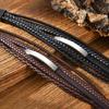 Vnox Free Engraving Men's Bracelet, Multilayer Leather Stainless Steel Long Bar Charm Wristband, Brown Black Braided Jewelry New