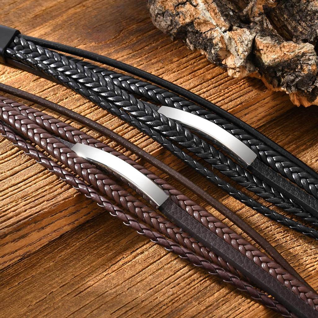Vnox Free Engraving Men's Bracelet, Multilayer Leather Stainless Steel Long Bar Charm Wristband, Brown Black Braided Jewelry New