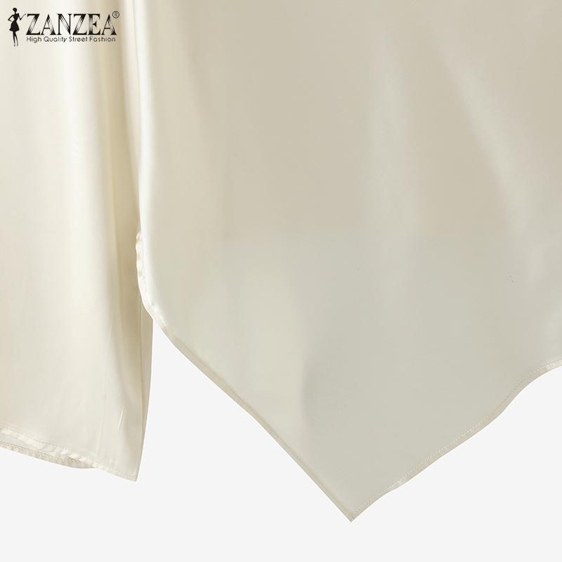 ZANZEA Dámské vintage saténové halenky s dlouhým rukávem a klopou a nepravidelným lemem