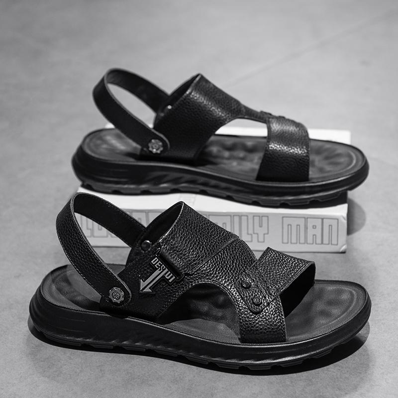 

Casual Male Leather Slippers All-match Male Flats Summer Half Drag New Arrival Men s Sandals Real Leather Outdoor Beach Shoes 44 чёрный
