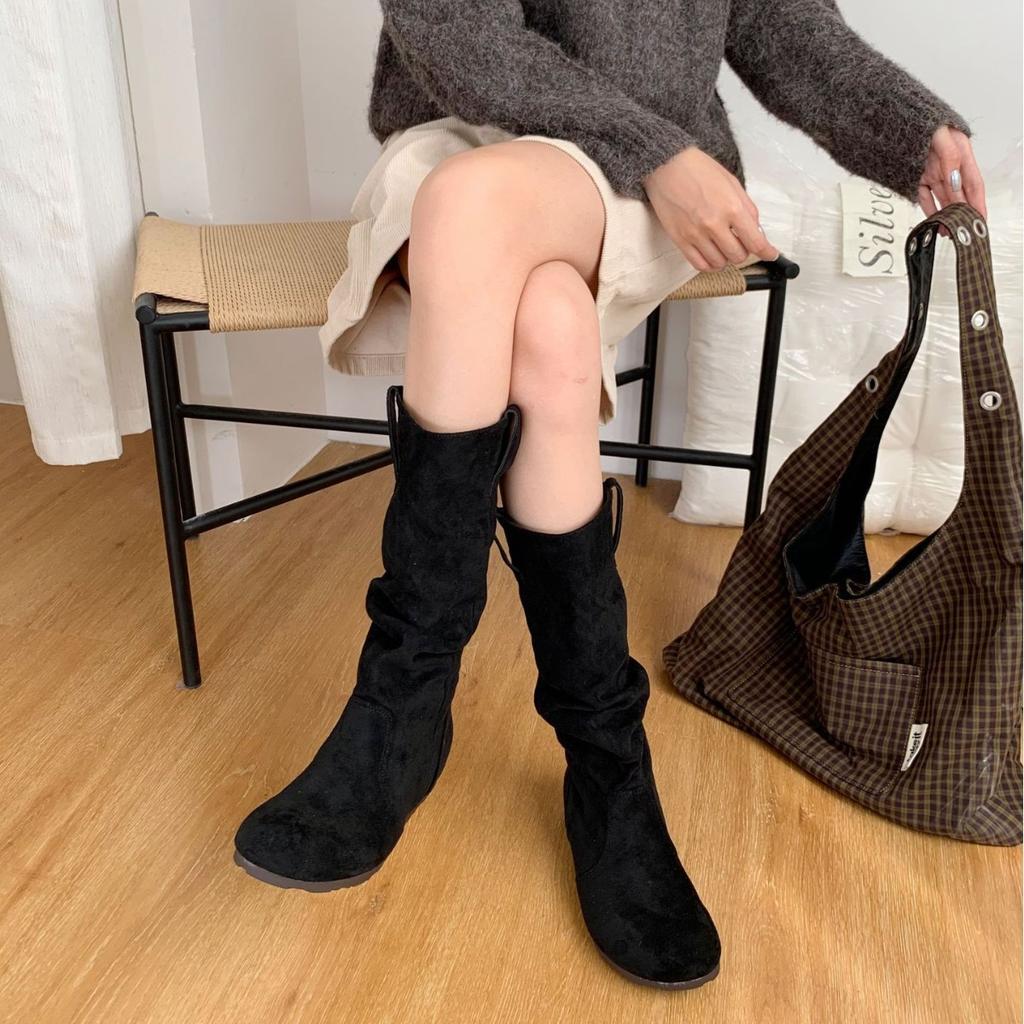 2025 New Sense Design Retro Versatile But Knee Boots Women's Inner Height Increase and Thin Pleated Knight Boots