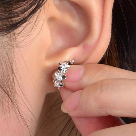 Women Shiny Rhinestone Flower Silver Plated Hoop Earrings Ear Clips for Party