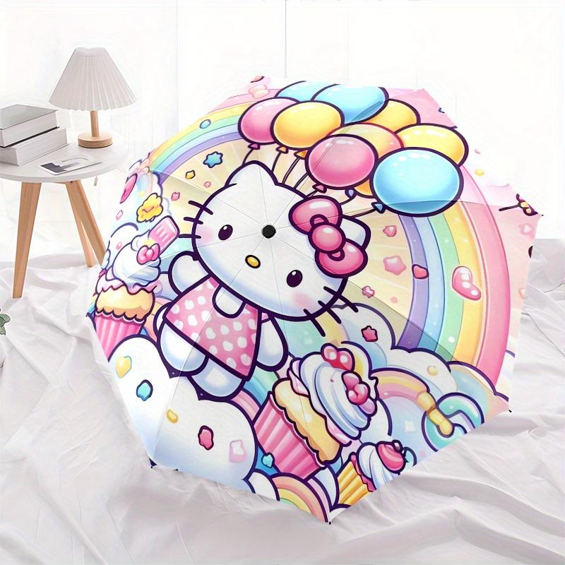 Hello Kitty,Pastel Rainbow Automatic Folding Umbrella-Simple 8-Rib Design, Bright Cartoon Pattern, Durable Iron Frame, Suitable For Travel,