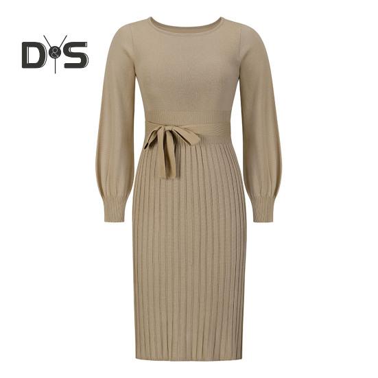 

Осеннее женское платье, трикотажное, с круглым вырезом, длинными рукавами, облегающее, со шнуровкой, с узкой талией, длиной до середины икры, эластичное, однотонное, миди-платье-свитер S хаки