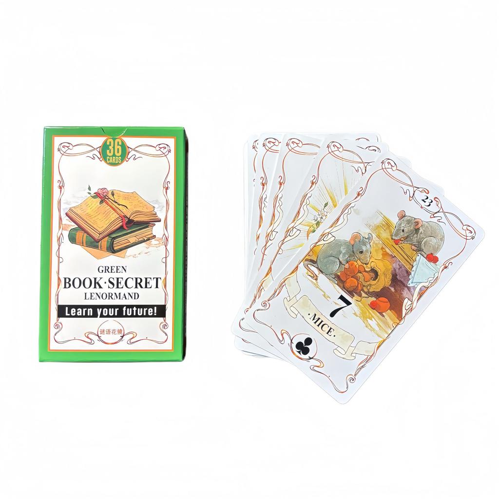Green Book Secret Lenormand Oracle Deck, 10.3*6cm 36 Vintage Watercolor Lenormand Cards for Divination Retro Garden Art