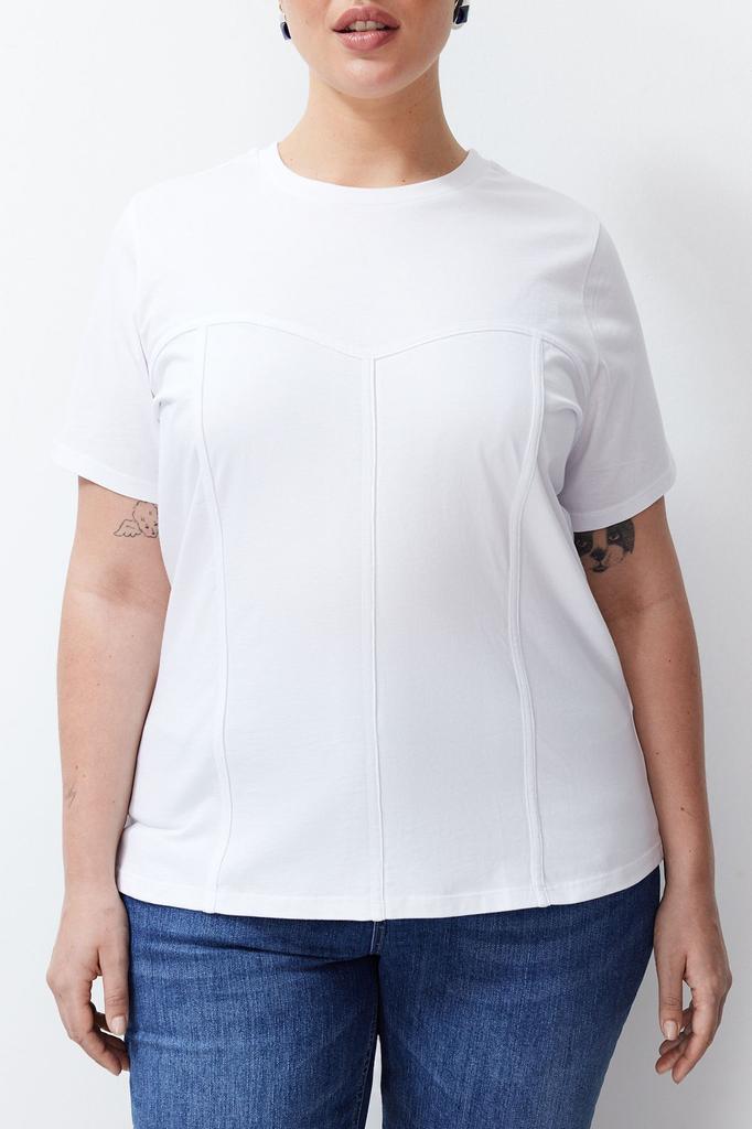 Damen Stil Übergröße Schwarzes Strick-T-Shirt mit Paspeldetails