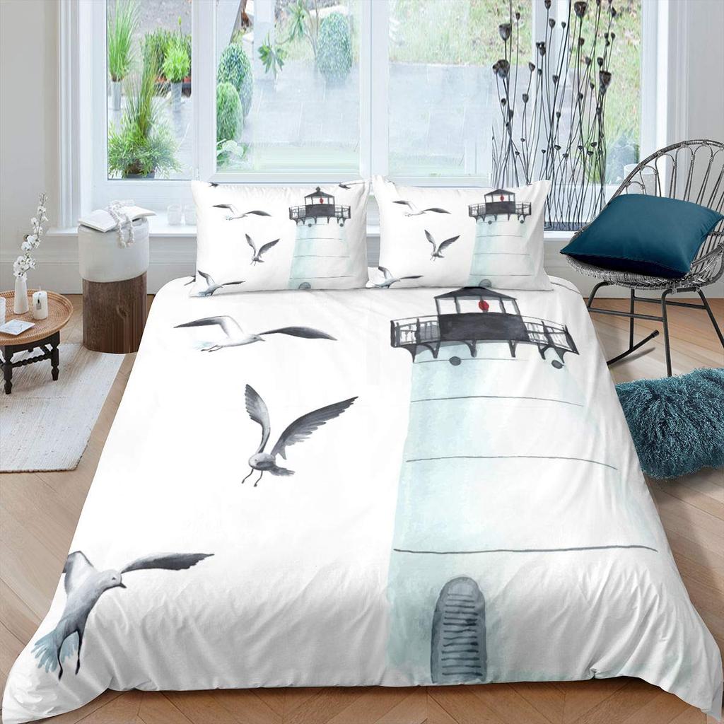 Nautical Anchor Duvet Cover Set Vintage Sail Boat Lighthouse Bedding Set Conch Starfish Seashell Ocean Wave Comforter Cover King