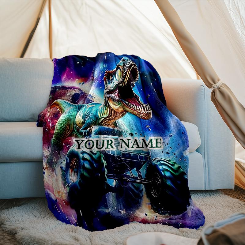 1PC Custom Name Dinosaur Monster Truck Adventure outdooor Flannel blankets Patterns Throw Blanket All-Season Soft Gift for Couch, Bed, Camping gifts