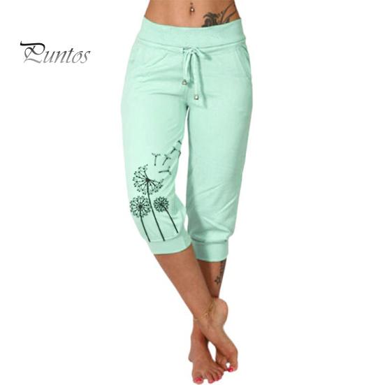 

Женские укороченные брюки с завязками на талии, летние шаровары с принтом одуванчика, повседневные спортивные брюки с карманом для женщин M светло-зеленый